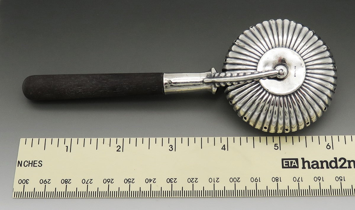 Handsome Gorham Baby Rattle Spinner Ribbed Design Wooden Handle 1890 "Harold"