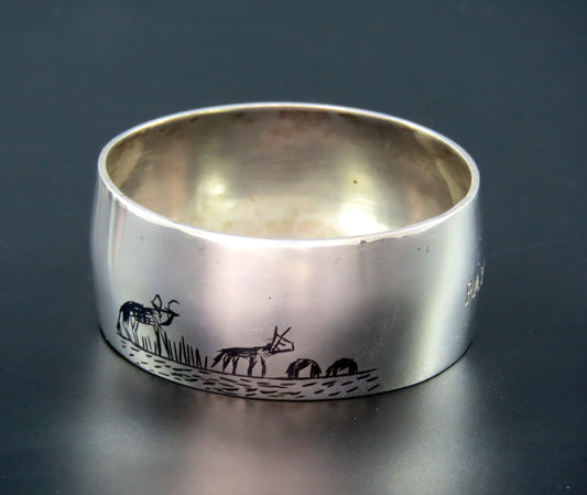 Nice Middle Eastern Silver Napkin Ring Engraved "Ray" Enamel Painted Scenes