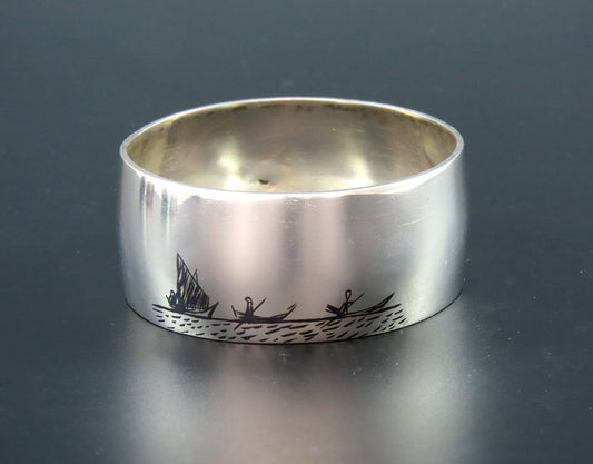 Nice Middle Eastern Silver Napkin Ring Engraved "Ray" Enamel Painted Scenes