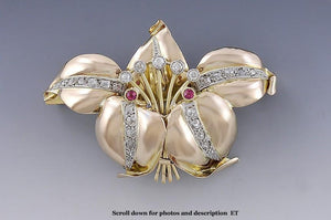 Beautiful 18K Yellow & White Gold Diamond and Ruby Orchid Flower Brooch/Pin