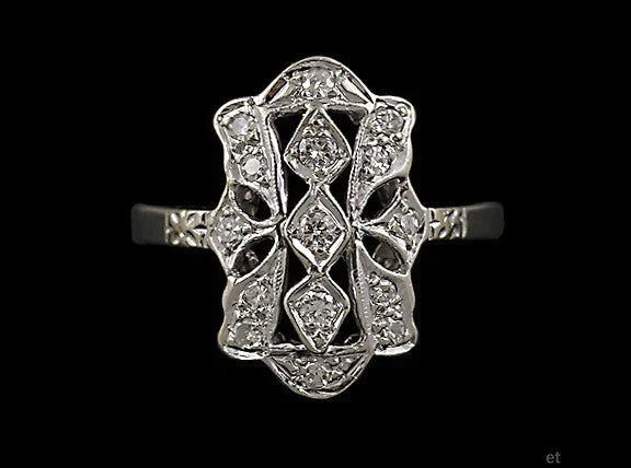 Nice VTG 14K White Gold & Diamond Openwork Filigree Ring Size 7.25