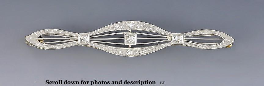 Elegant c1920s 14k Gold Platinum 3 Diamond Filigree Bar Pin Brooch