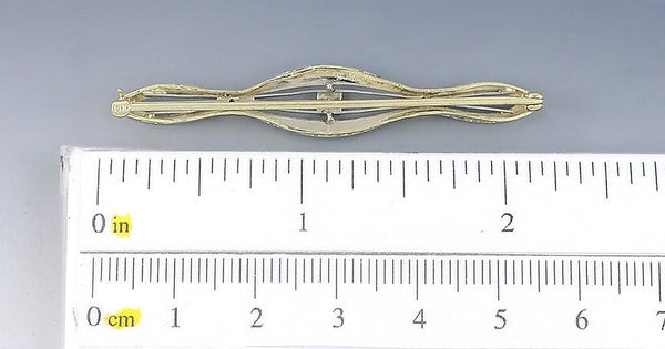 Elegant c1920s 14k Gold Platinum 3 Diamond Filigree Bar Pin Brooch