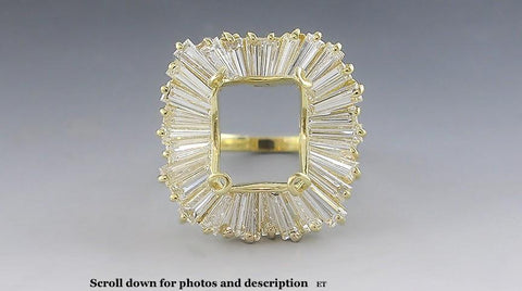 Striking 18K Yellow Gold & Baguette Diamond Large Ring Setting