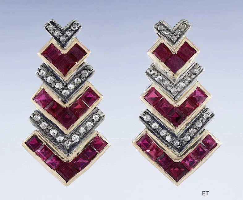 Gorgeous Pair 14k Yellow Gold & Silver Ruby Diamond Chevron Earrings