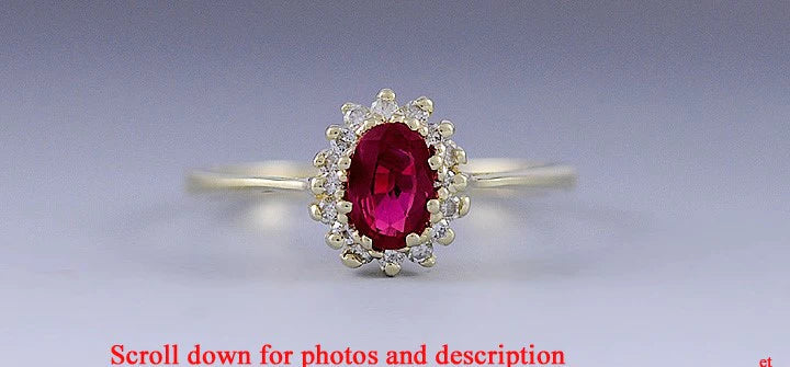 Vibrant Red Ruby & Diamond 14k Yellow Gold Halo Ring Size 6.75