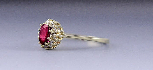 Vibrant Red Ruby & Diamond 14k Yellow Gold Halo Ring Size 6.75