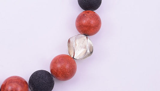 Handmade Vintage Necklace w/ Silver Magnetic Clasp and Large Red/Black Beads