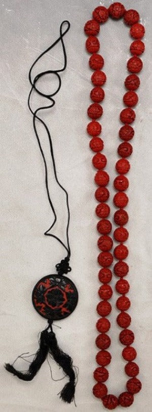 2 Cinnabar Beaded Necklaces Beautifully Carved 32" and 28"