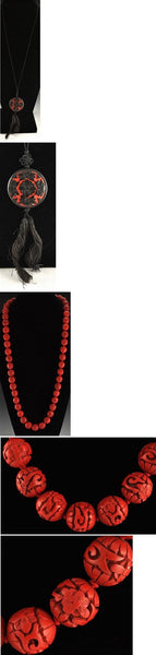 2 Cinnabar Beaded Necklaces Beautifully Carved 32" and 28"