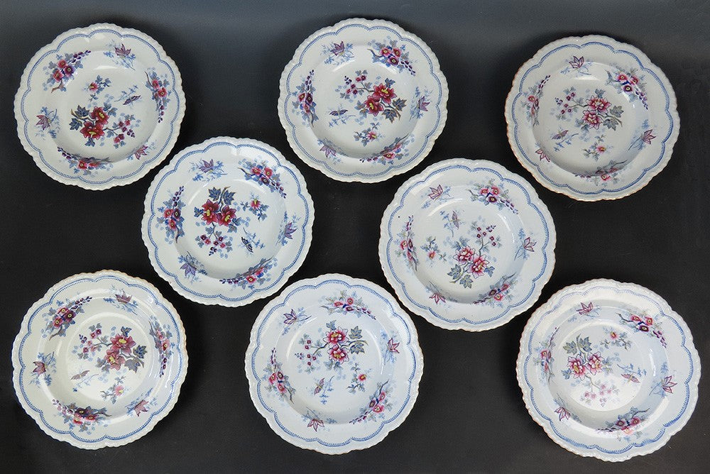 Fab set 8 c1840 English Staffordshire Ridgway Japan Flowers Wide Rim Soup Bowls