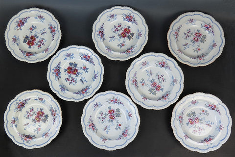 Fab set 8 c1840 English Staffordshire Ridgway Japan Flowers Wide Rim Soup Bowls