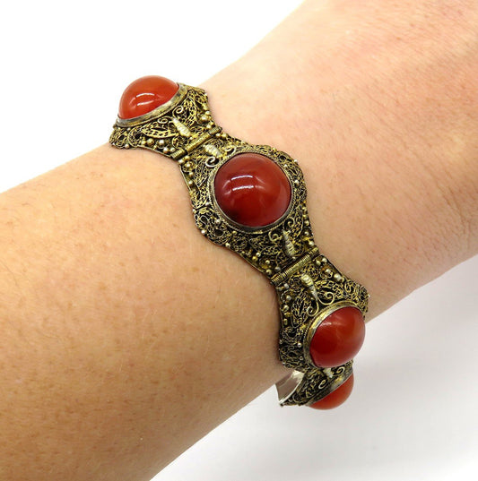 Fab c1900 Chinese Gilt Silver Filigree Carnelian Moth Butterfly Bracelet