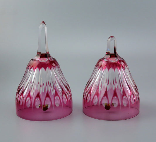 Pair Bohemian Antique Cranberry Ruby to Clear Crystal Glass Bells