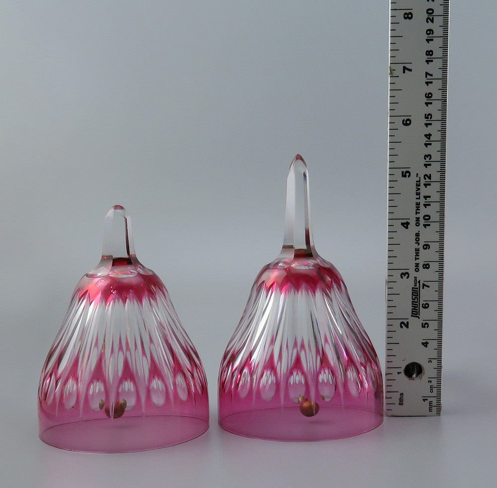 Pair Bohemian Antique Cranberry Ruby to Clear Crystal Glass Bells
