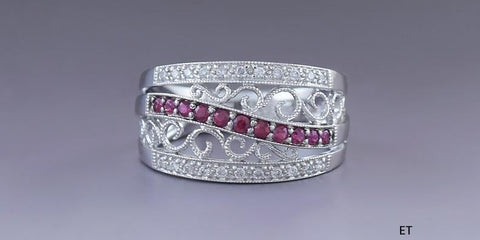 Elegant 14k White Gold Filigree Ruby & Diamond Openwork Ring Size 6.75