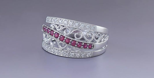 Elegant 14k White Gold Filigree Ruby & Diamond Openwork Ring Size 6.75