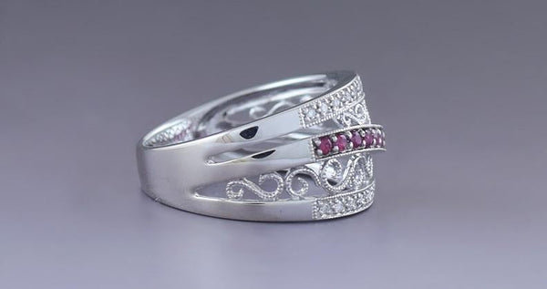 Elegant 14k White Gold Filigree Ruby & Diamond Openwork Ring Size 6.75