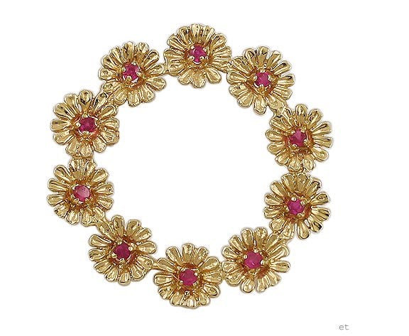 Pretty 14k Yellow Gold Ruby Floral Wreath Pin Brooch