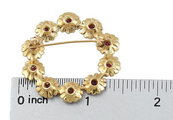 Pretty 14k Yellow Gold Ruby Floral Wreath Pin Brooch