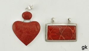 2 Wonderful Sterling Silver and Red Synthetic Stone Pendants Heart Shaped