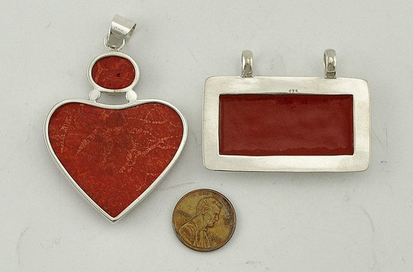 2 Wonderful Sterling Silver and Red Synthetic Stone Pendants Heart Shaped