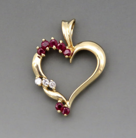Beautiful 10k Yellow Gold Ruby and Diamond Open Heart Pendant