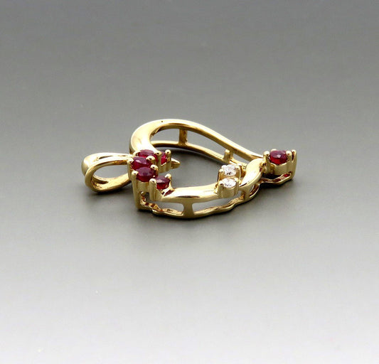 Beautiful 10k Yellow Gold Ruby and Diamond Open Heart Pendant