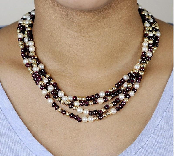 Modern Pretty 3 Strand 14K Gold Pearl & Garnet Bead Necklace