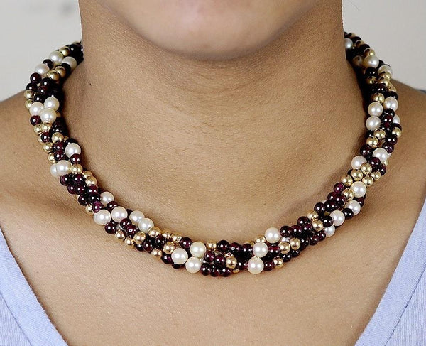 Modern Pretty 3 Strand 14K Gold Pearl & Garnet Bead Necklace