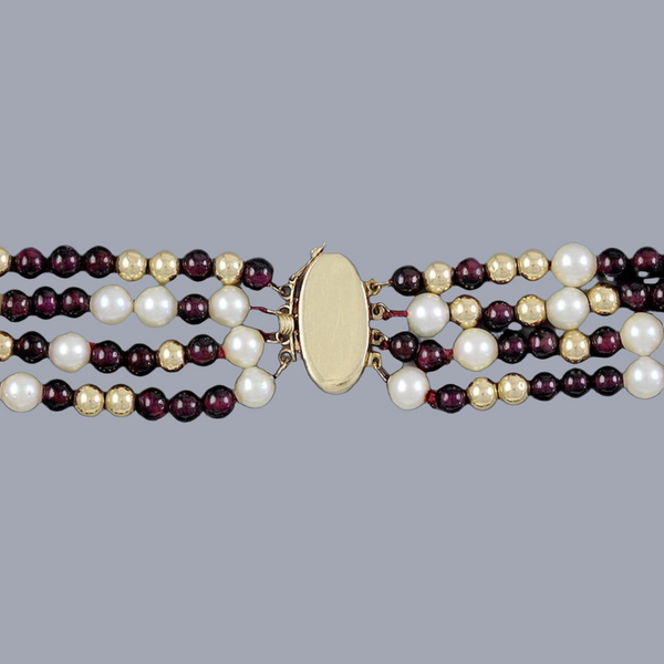 Modern Pretty 3 Strand 14K Gold Pearl & Garnet Bead Necklace