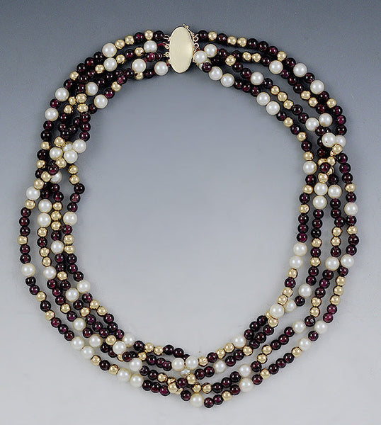 Modern Pretty 3 Strand 14K Gold Pearl & Garnet Bead Necklace