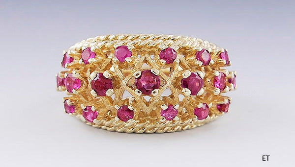 Stunning 14k Yellow Gold & Ruby Basket Weave Ring Size 7.75