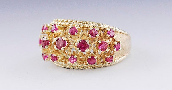 Stunning 14k Yellow Gold & Ruby Basket Weave Ring Size 7.75