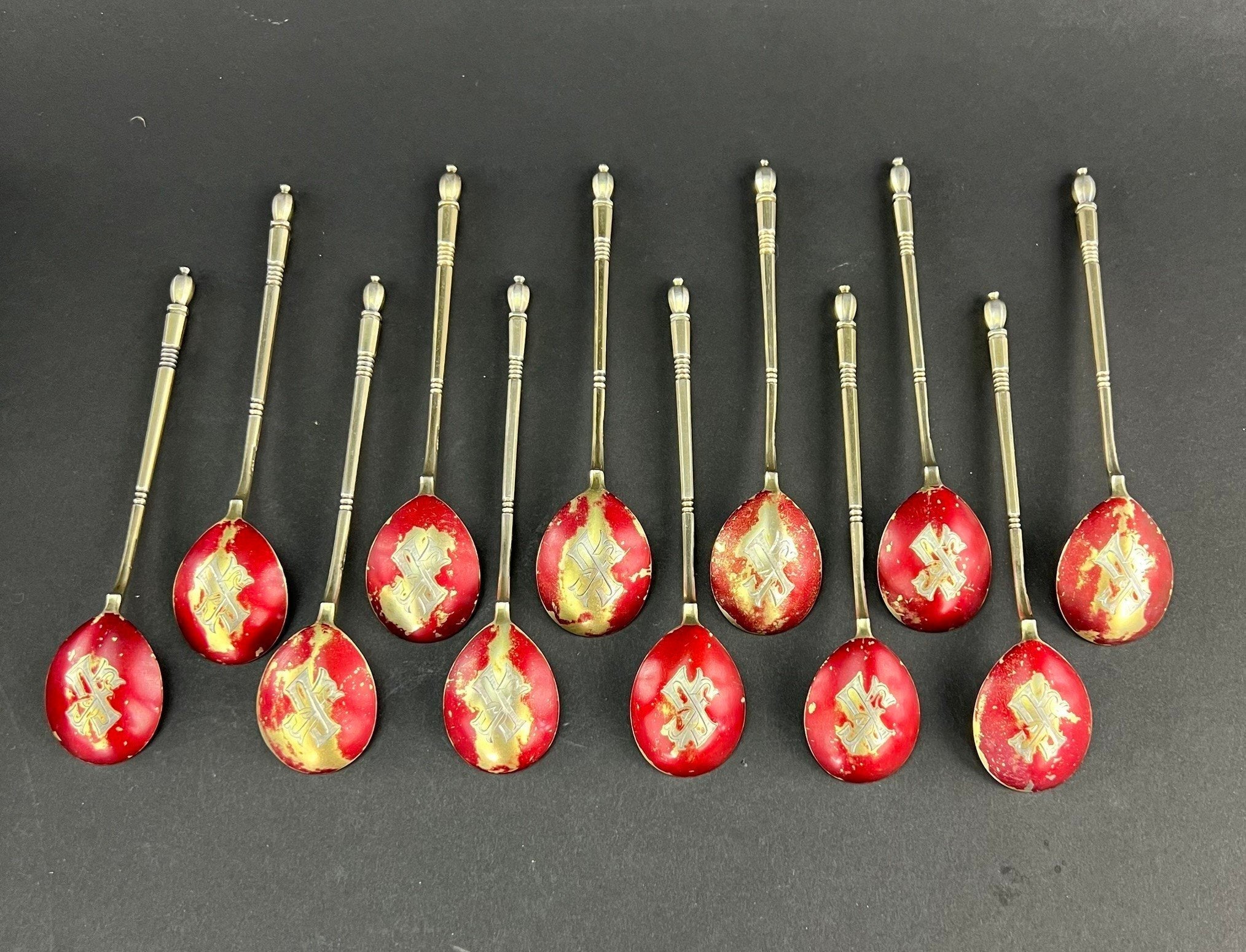 Fine Set 12 1898 Antique Russian Gilt Silver Red Caviar Dessert Coffee Spoons