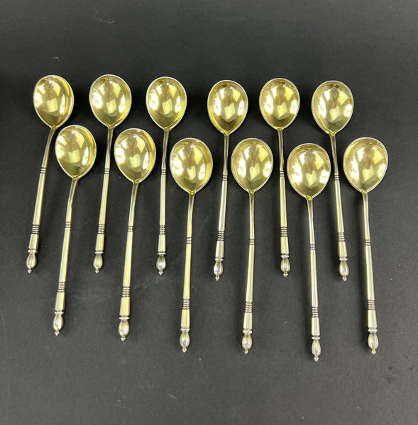 Fine Set 12 1898 Antique Russian Gilt Silver Red Caviar Dessert Coffee Spoons