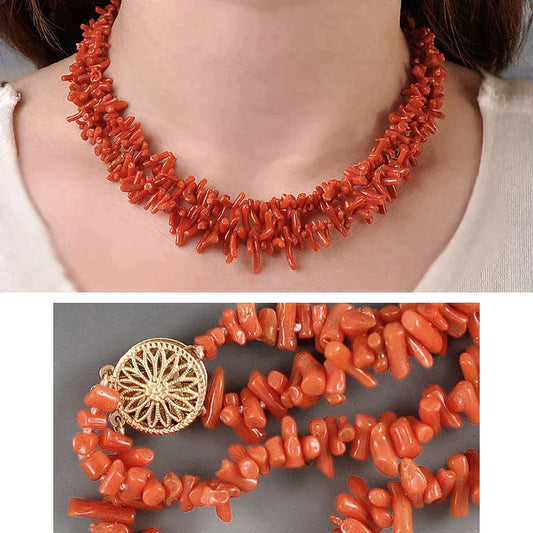 Pretty 1950s Branch Oxblood Coral Double Strand Necklace 14k Filigree Clasp