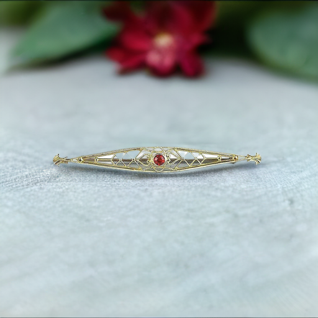 Attractive Antique 10k Gold Filigree Design w/ Synthetic Ruby Art Deco Bar Pin