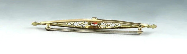 Attractive Antique 10k Gold Filigree Design w/ Synthetic Ruby Art Deco Bar Pin