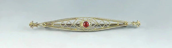 Attractive Antique 10k Gold Filigree Design w/ Synthetic Ruby Art Deco Bar Pin