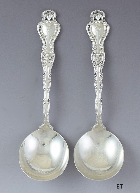 Fab Pair Durgin Sterling Silver Regent Bouillon / Cream Round Soup Spoons S Mono