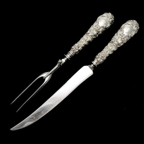 Superb Sterling Silver Baltimore Rose Carving Set by Schofield