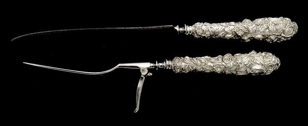 Superb Sterling Silver Baltimore Rose Carving Set by Schofield