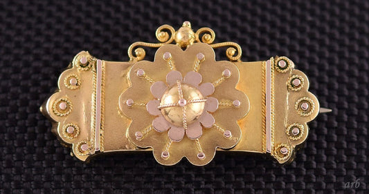 Lovely Mid 1800s Victorian 14k Yellow and Rose Gold Etruscan Revival Pin Brooch