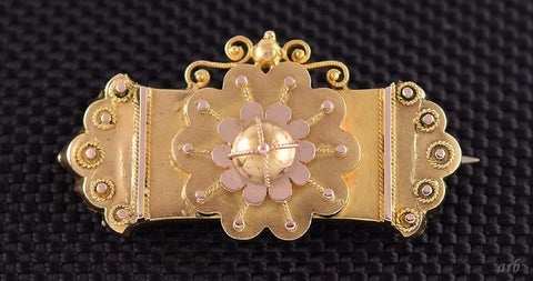 Lovely Mid 1800s Victorian 14k Yellow and Rose Gold Etruscan Revival Pin Brooch