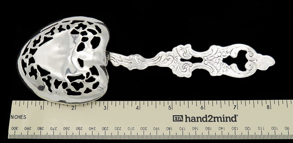 Sweet Sterling Silver American 1950s Pierced Serving Spoon Heart Bowl 8 1/4 in