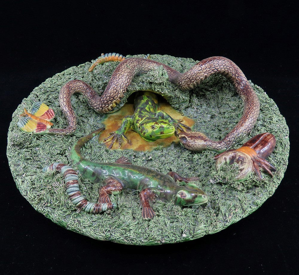Rare Antique Signed Jose A Cunha Palissy Majolica Plate Snake Lizard Beetle