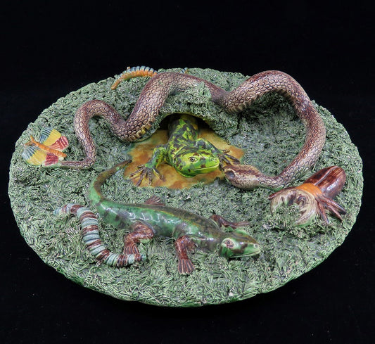 Rare Antique Signed Jose A Cunha Palissy Majolica Plate Snake Lizard Beetle