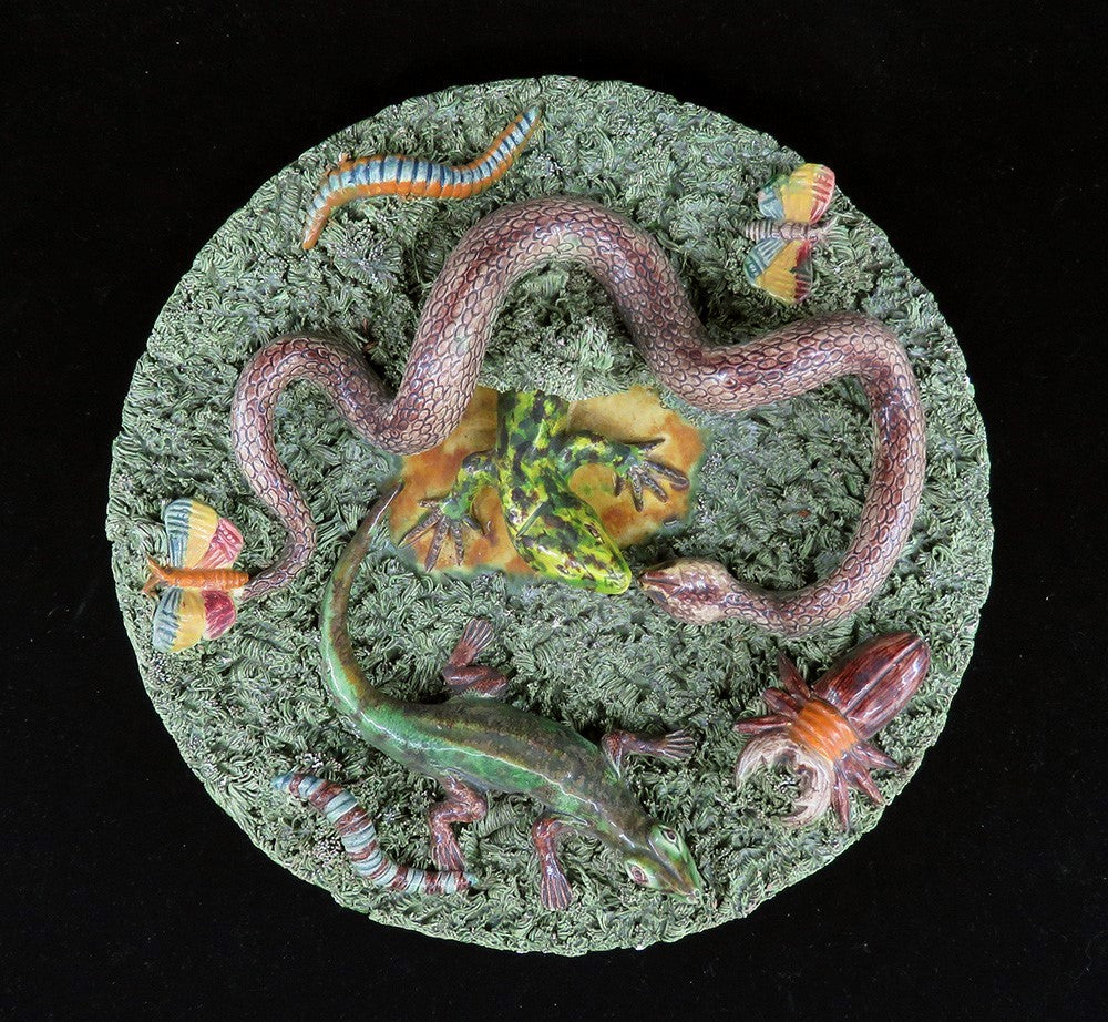 Rare Antique Signed Jose A Cunha Palissy Majolica Plate Snake Lizard Beetle