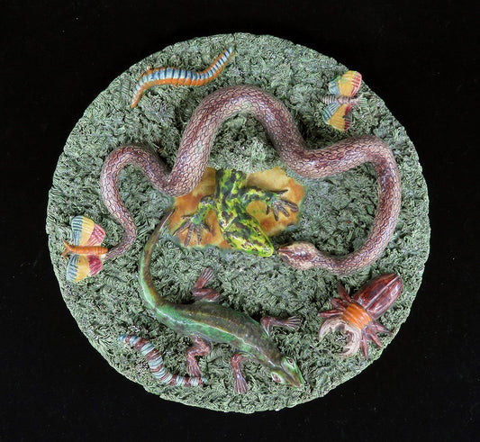 Rare Antique Signed Jose A Cunha Palissy Majolica Plate Snake Lizard Beetle